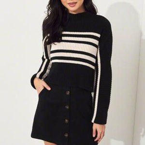 Mock Neck Crop Sweater - Black & Cream Stripes